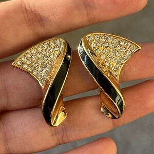 Vintage Christian Dior Twisted Fan Rhinestone Black Enamel Gold Clip-On Earrings